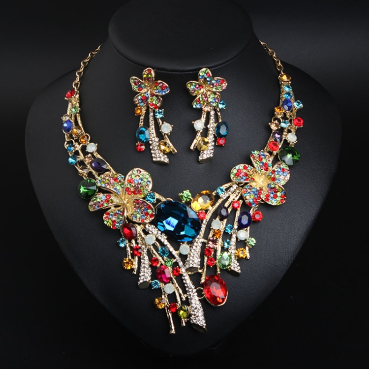 Necklace earring 2 pcs set female Europe and America Exaggeration crystal flower colour necklace earring suit bride banquet Dress accessories CRRSHOP set gems Artificial crystal jewelry necklace