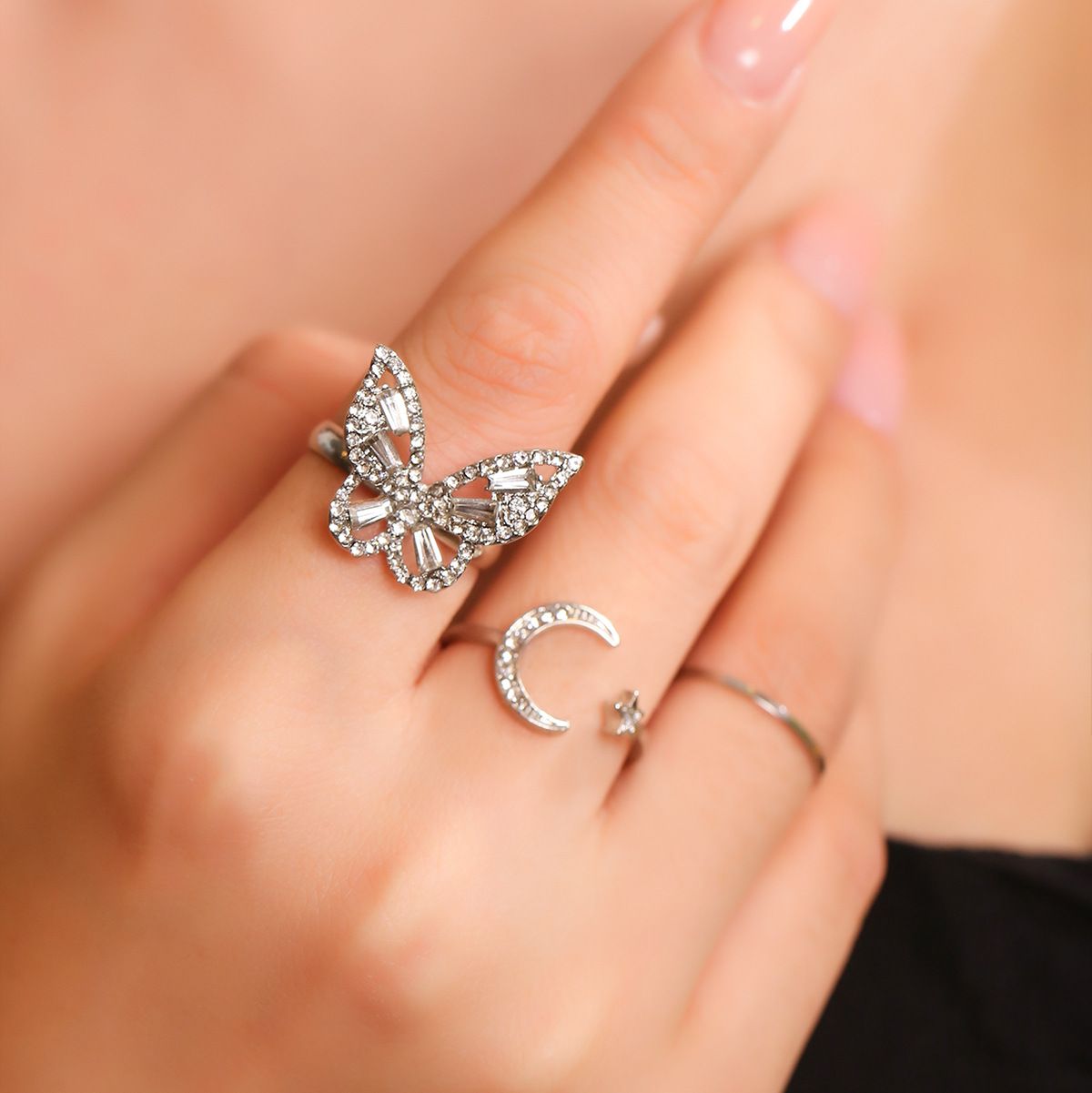 3Pcs Dainty Silver Stackable Ring Set for Women, Micro Pave Shiny Rhinestone Butterfly Open Band, Sparkling Moon Star Adjustable Finger Ring & Slim Plain Thin Band, Niche Dreamy Aesthetic Layering Jewelry for Daily Dating Party Gift
