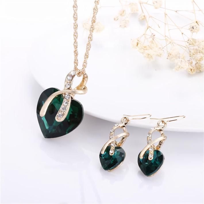 Huadeer Vintage Female Rainbow Crystal Jewelry Set Charm Gold Color Dangle Earrings For Women Simple Love Heart Wedding Chain Necklace