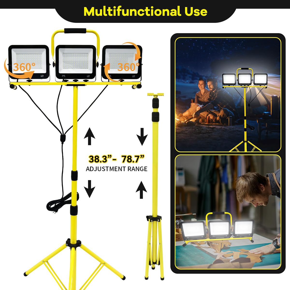 22500 Lumen LED Work Light with Stand, 3 Adjustable Head Portable Work Light with 324 Super-Powerful LED Lamp Beads and 16.4FT Cord, Waterproof Tripod Work Lights with 6500 Kelvin Color Temperature