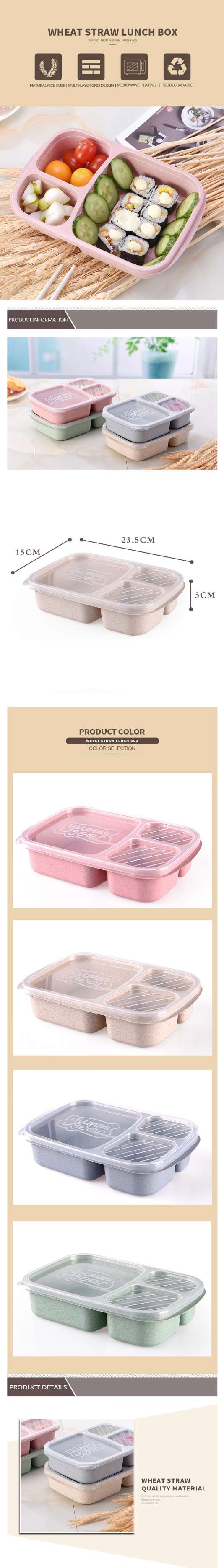 1011 900ml Wheat Straw 3-tiles Portable Tableware Food Lunch Box Food Storage Box Microwave Oven Travel School Picnic Lunch Box
