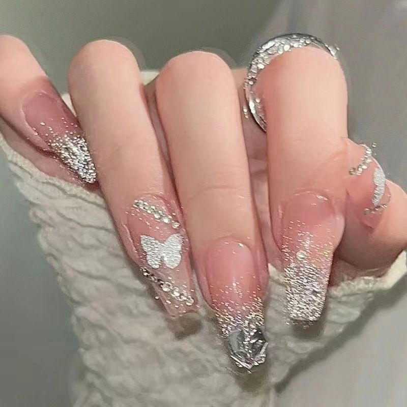 24pcs set full cover stick-on 3D Bling Glitter Artficial nails French style Easy wear women press on nails