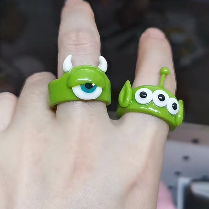 YJ0053 Men and Women's Little Monsters Cute Cartoon Metal Open Ring Green Big Eyed Three Eyed Ring