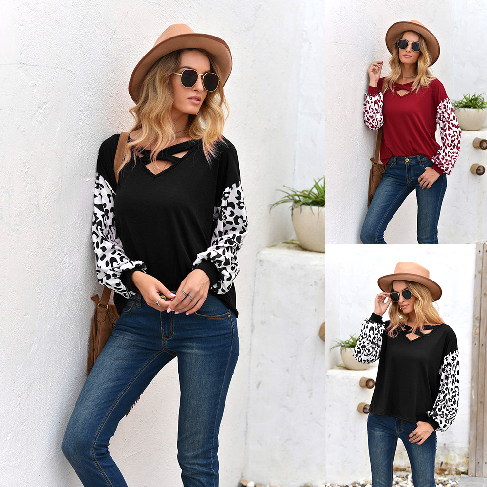 109932 V-neck Leopard Tops Autumn Winter Womens Crop Tops