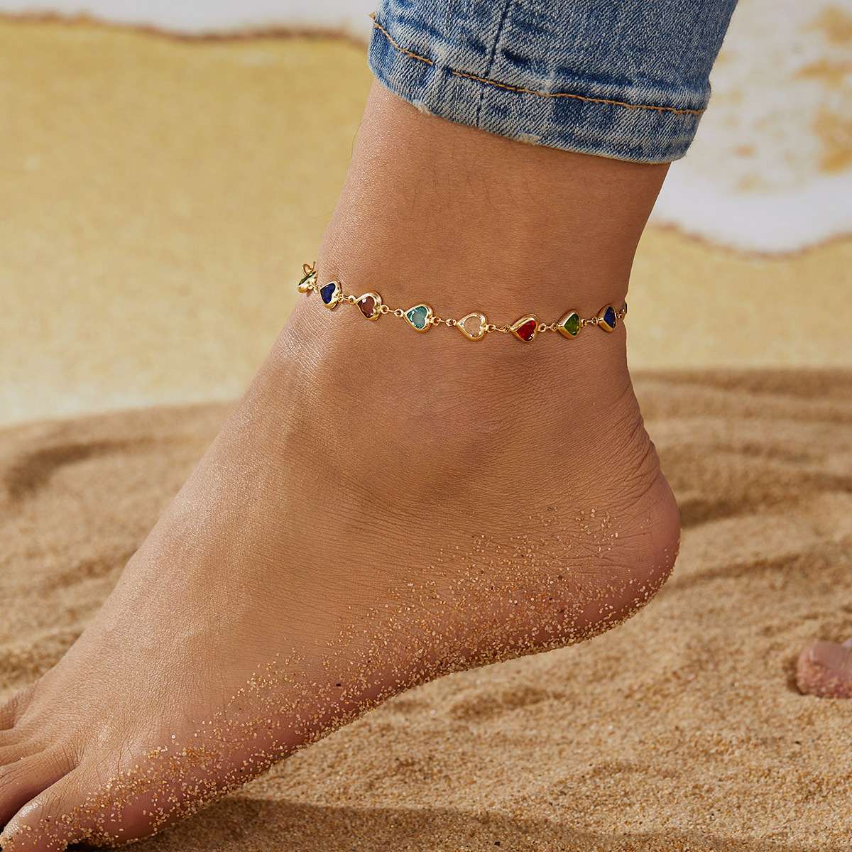 AK23Y0034 Fashion Colorful Foot Jewelry Gold Silver Chain Stainless Steel Anklets Heart Women Anklet