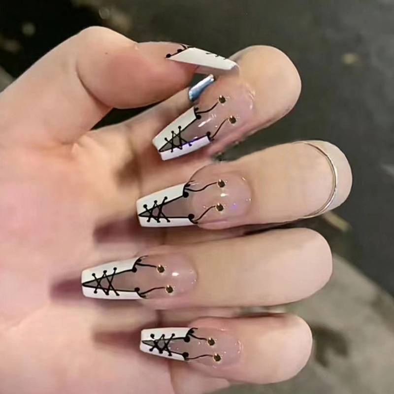 R581 24 Pcs Glossy Press on Nails, Super Long Coffin Gradient Gray Shapewear Prints Fake Nails, Full Cover Artificial False Nails for Women and Girls

