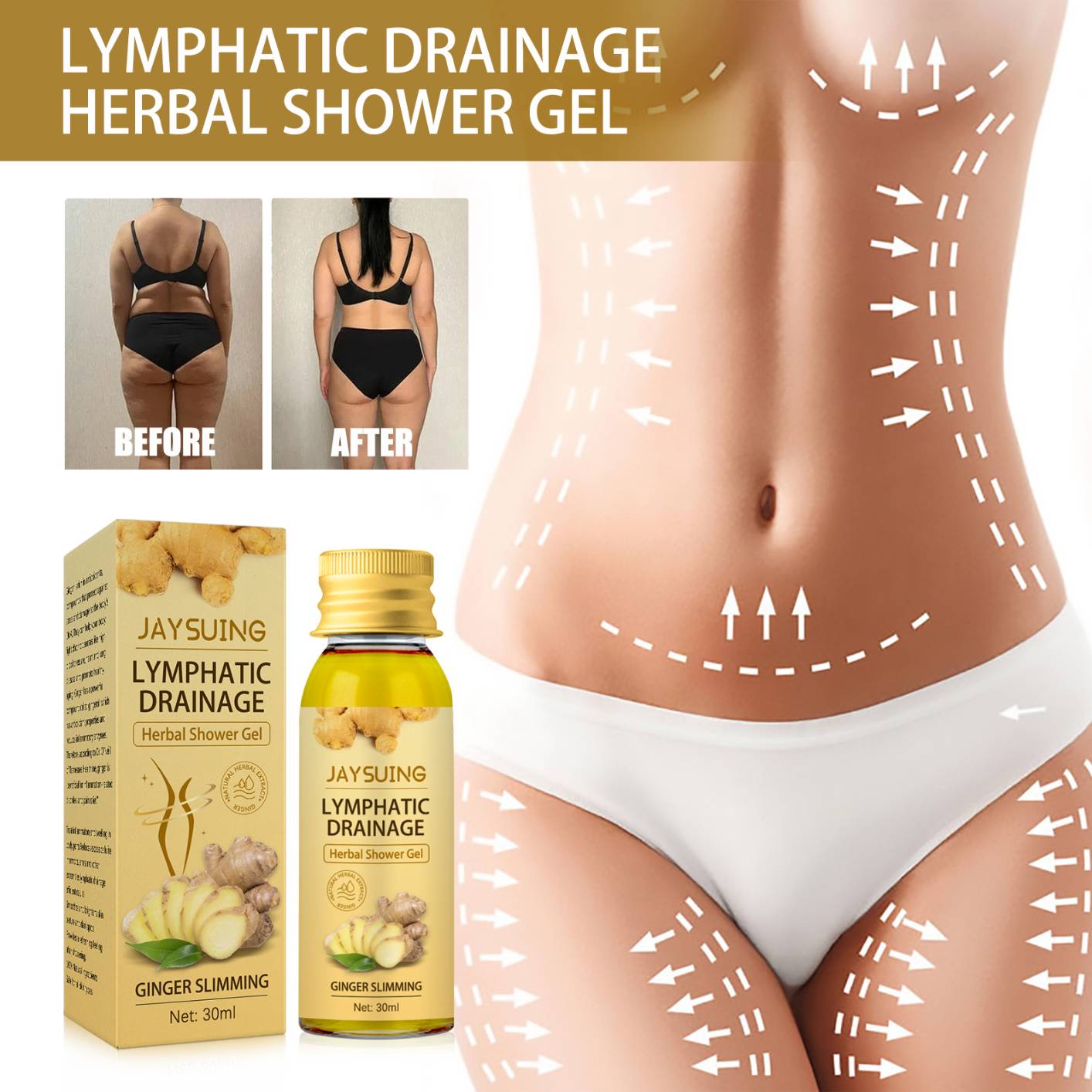 30ml New Lymphatic Drainage Shower Gel, Ginger Lymphatic Drainage Shower Gel, Natural Organic Moisturizing Refreshing Shower Gel for Removing Lymph Node Underarm Fat