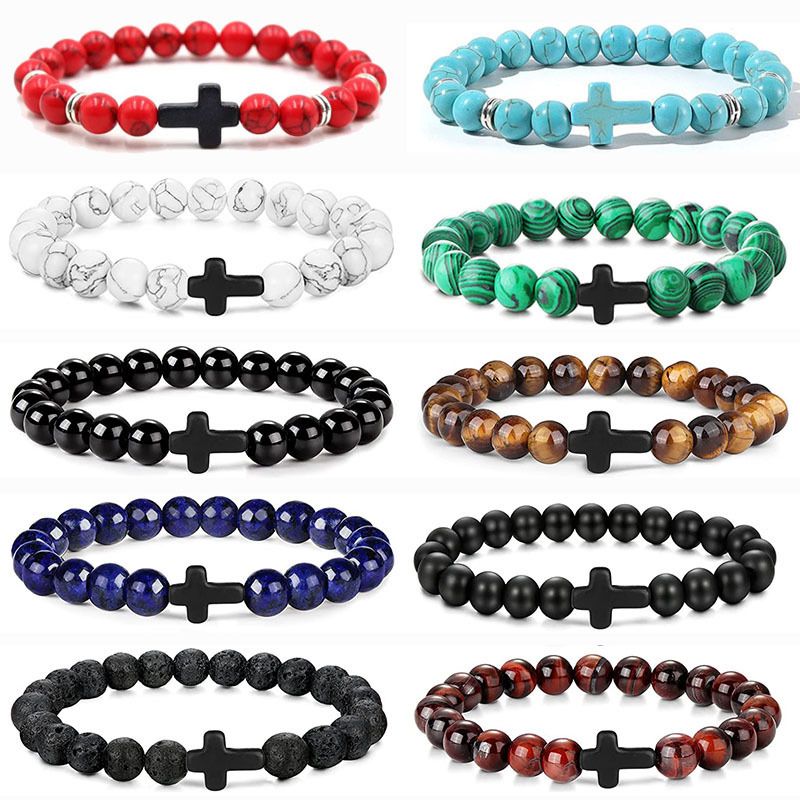 Natural Multi Gemstone Beaded Bracelet With Cross Charm, 8mm Polished Round Stone Wrist Jewelry Including Agate, Turquoise, Tiger Eye, Lapis Lazuli Materials, Vintage Casual Unisex Daily Wear Accessory, Durable Stylish Versatile Bangle For Daily Outfit Fashion Matching With Multiple Style Options