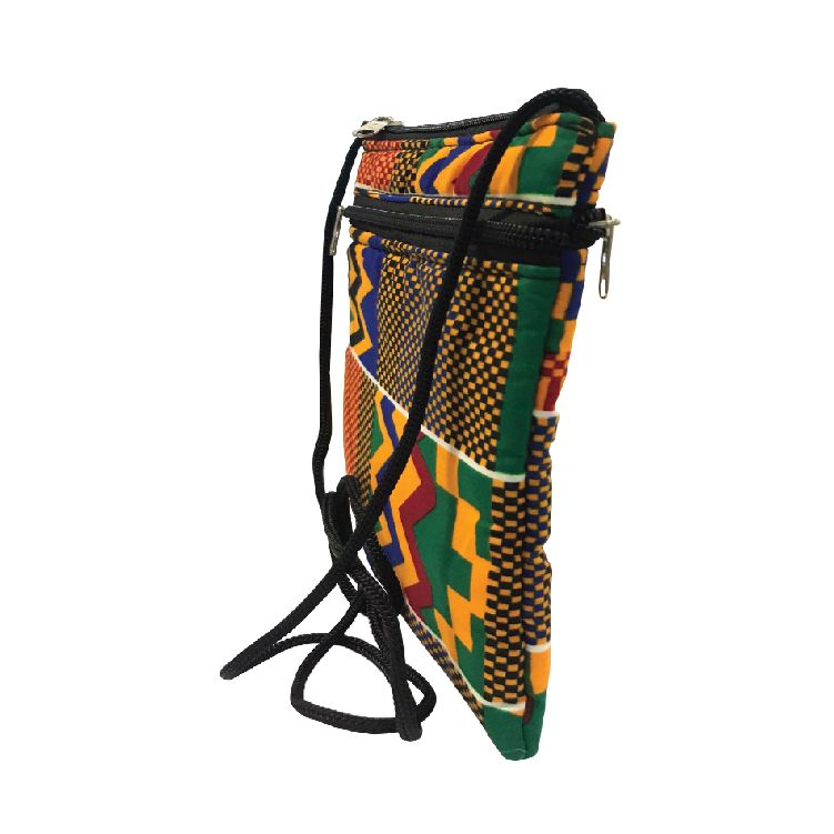 African Kente Ankara Print small sling Bag with black strap - Crossbody - Portable Storage