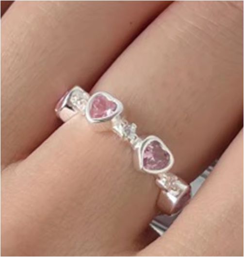 Silver Love Ring with Pink Diamond Zircon French Sweet Heart Interval Shape Opening Ring Jewellery for Women 
