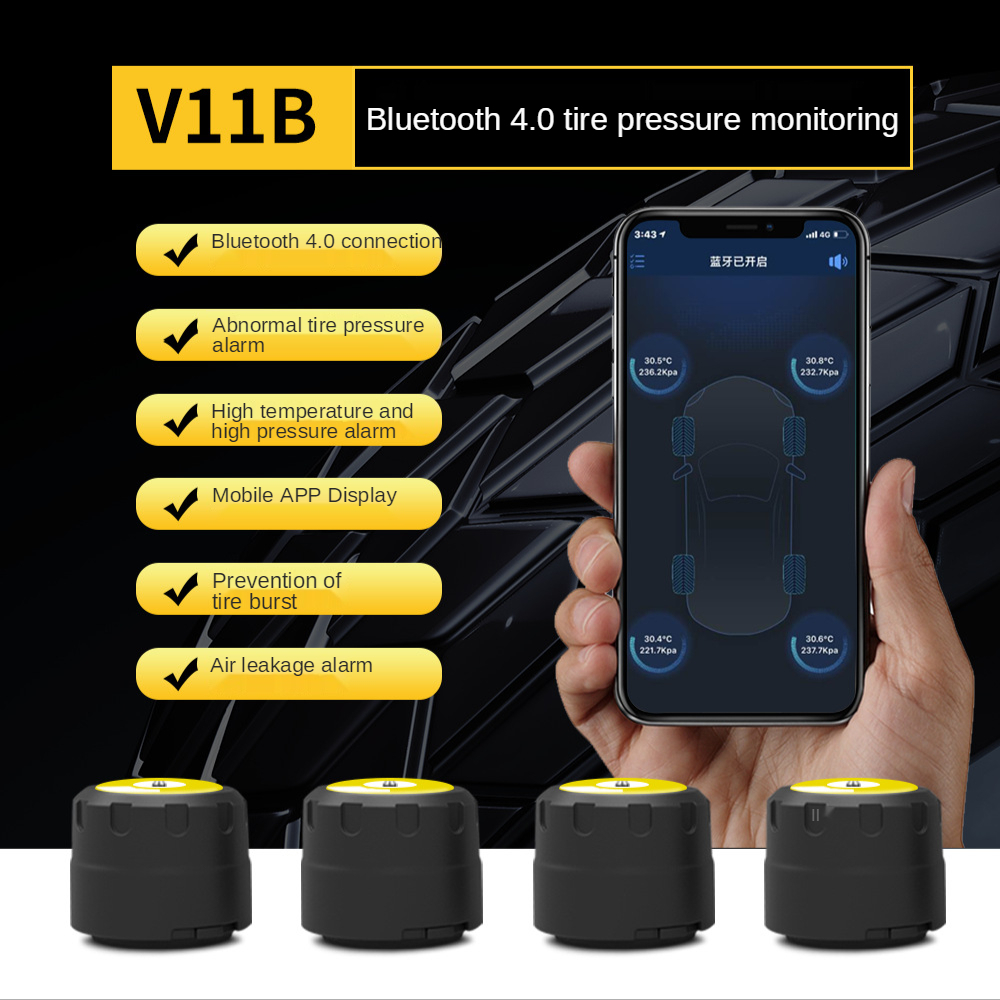 V11B Bluetooth Tire Pressure Monitoring System, with 4 External Sensors TPMS, 5 Alarm Modes and Real-time Displays Pressure and Temperature, Support iOS and Android with APP Operation