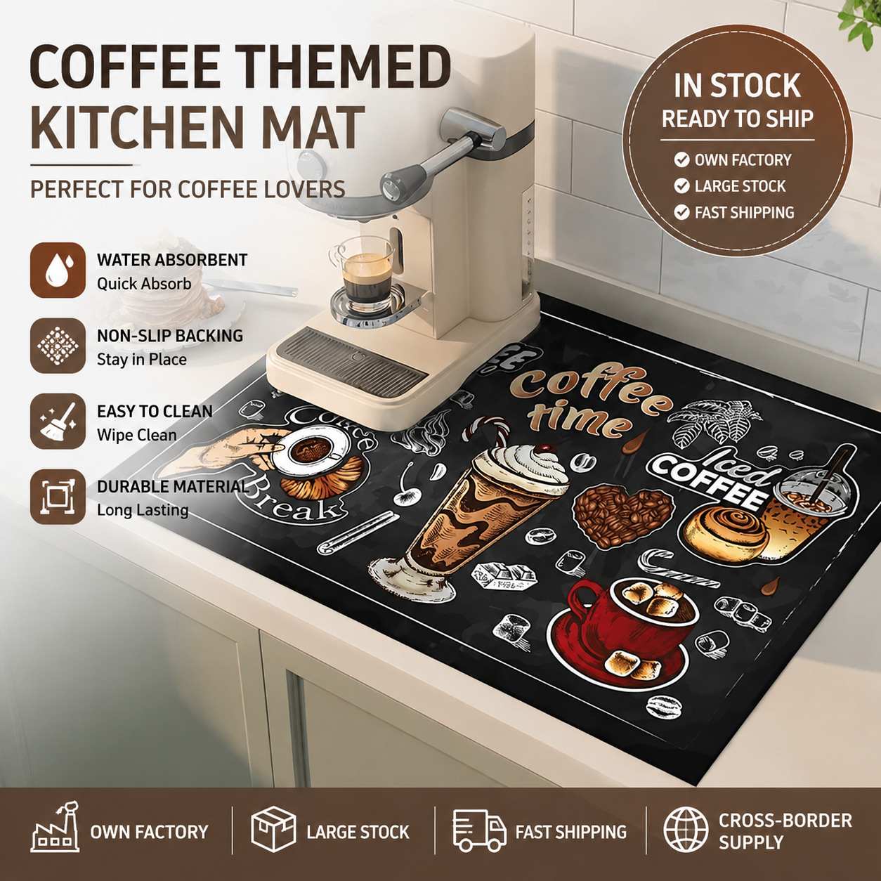 American Style Diatomite Drainage Mat Super Water & Oil Absorbent Kitchen Counter Pad Stain Resistant Washable Non-Slip Table Mat for Coffee Machine Dish Cup Kitchen Countertop Decoration