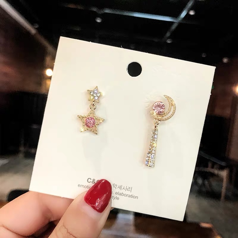 T18 T19 Women's Simple Star Moon Rhinestone Tassel Earrings Jewelry Gift