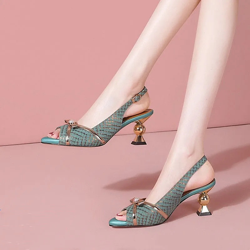 Women's Fashion Faux Peal Bow Decor Peep Toe Pump Heel Sandals Mule Shoes