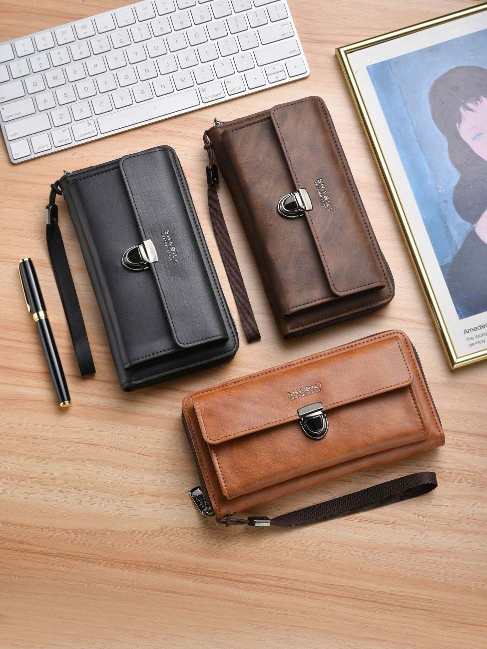 Unisex Long Wallet Retro Large‑Capacity Clutch Purse, Multi‑Card Slots Zipper Snap Button Phone Handbag for Men Women