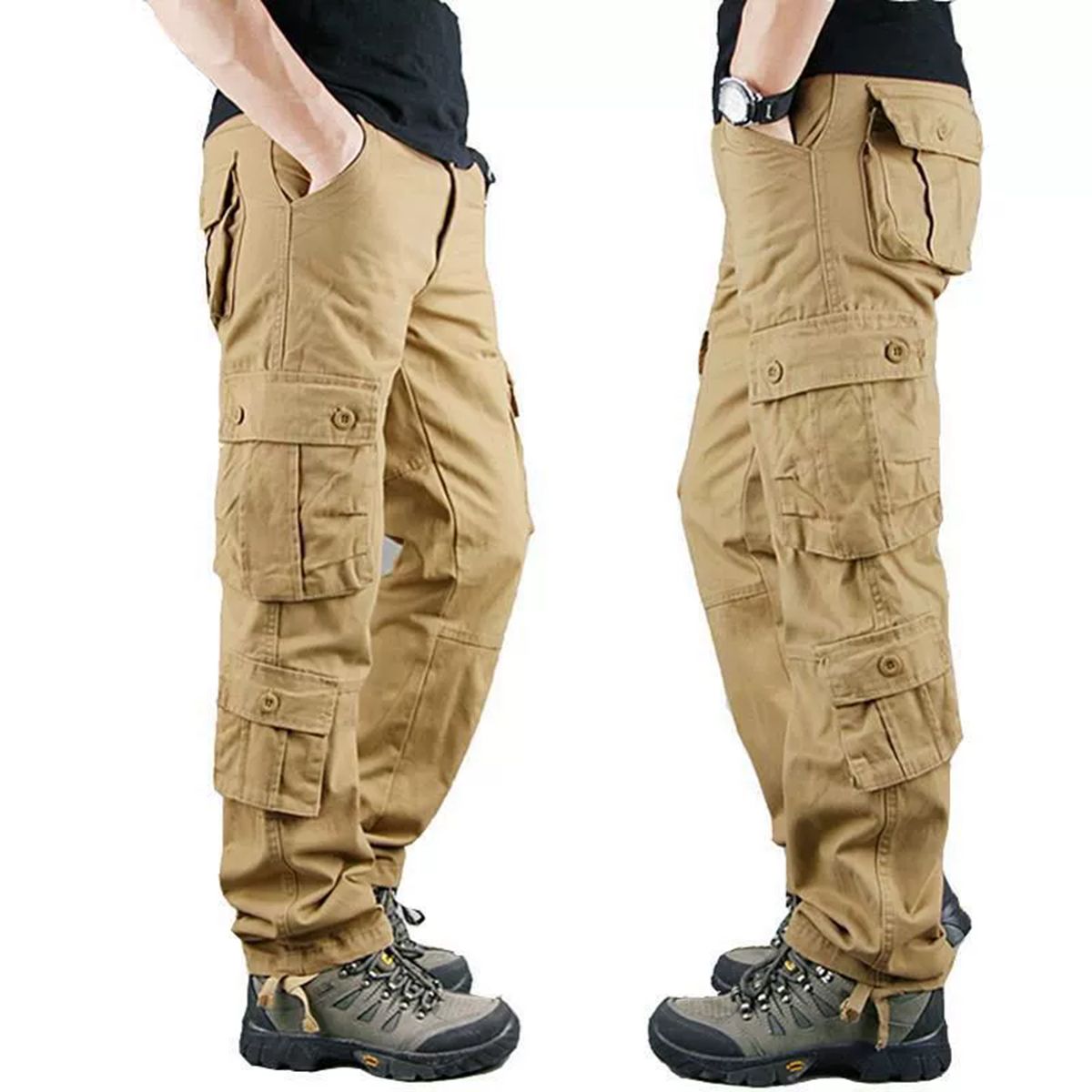 Outdoor men's multi pocket work pants, sturdy cotton casual workwear, long pants, youthSix pocket khaki color