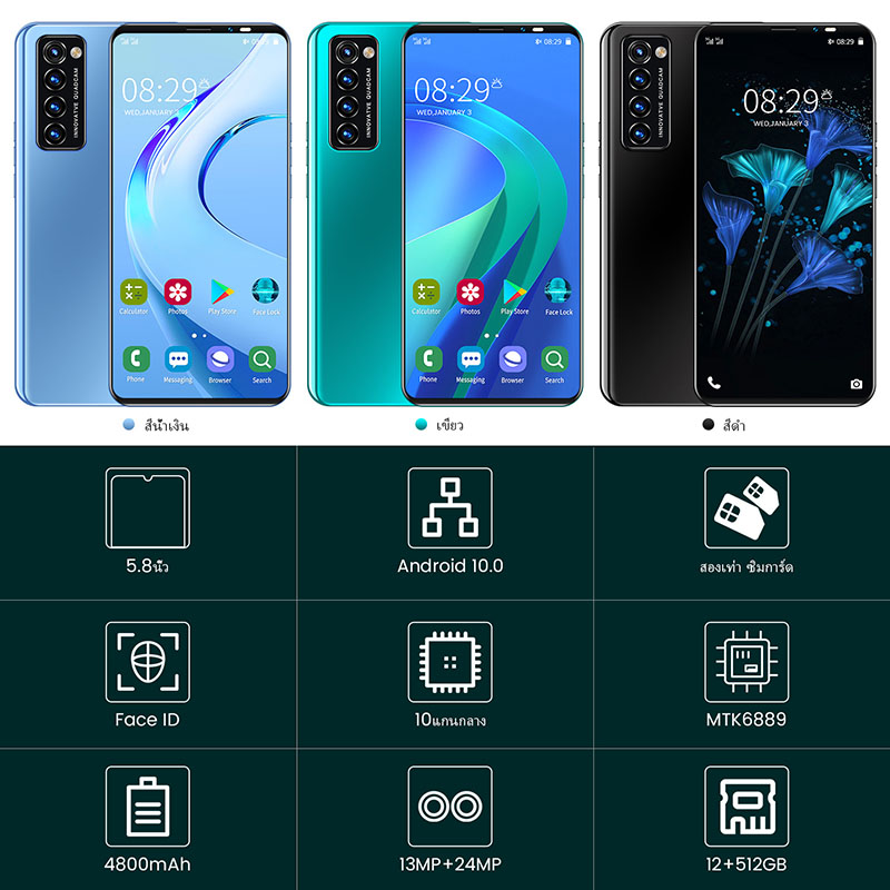 LADAVD High-definition ultra-thin rino4 Pro 5.8-inch 5G dual card dual standby Android phone 512GB Mobile Unicom smartphone 48 million camera dual-core CPU battery capacity 4800MAH Smartphone face recognition, fake fingerprint unlocking in the screen, with WIFI+BT+FM+GPS, Micro USB interface