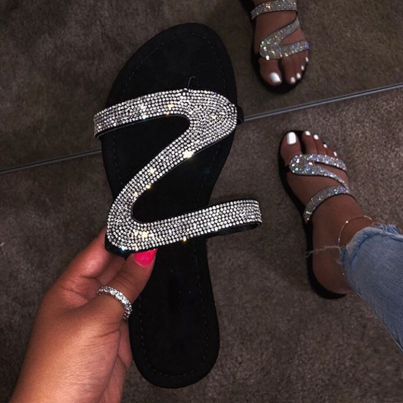 PL0026 Comfortable Sandals for Women, Women Summer Sandals Sparkly Sandals Rhinestone Slides Flats Dressy Wedding Shoes