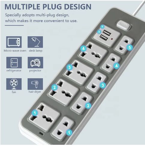 9outlet with 2USB extension cord socket hot sell 2m Universal socket Individual Switched electric tabletop 