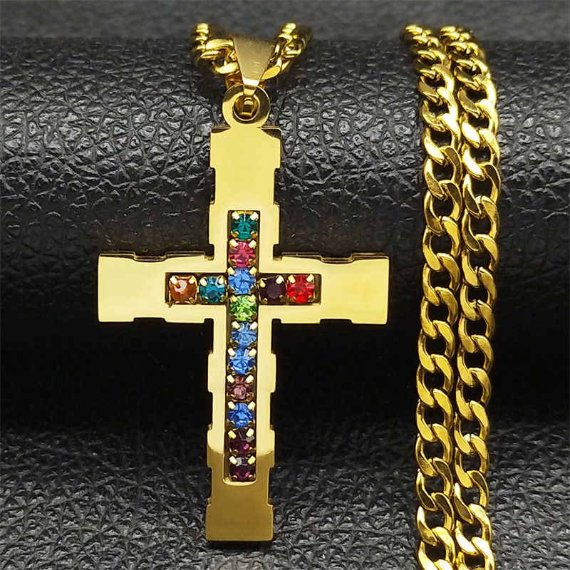 Cross pendant necklace ，Gold stainless steel necklace CRRSHOP High end feel, hip-hop diamond necklace free shipping