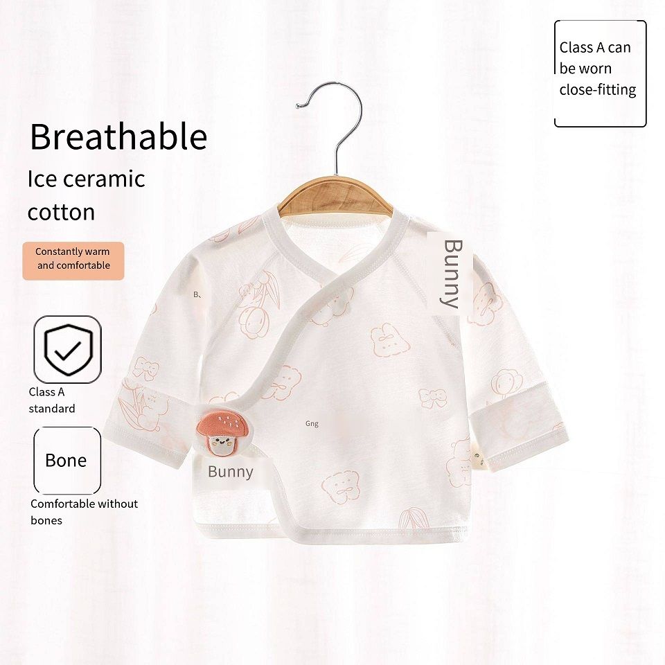 Newborn Ice Ceramic Cotton Kimono Top, No Bone Stitching Baby Half-Back Shirt, Breathable Wrap-Around Top with Magic Tape, Double Belly Protection, 52-59cm