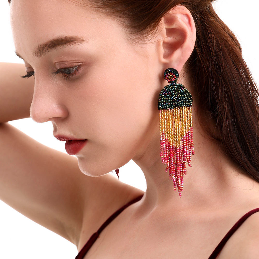 E68671 women's ethnic style earrings hand-beaded pendant earrings bohemian fringed earrings