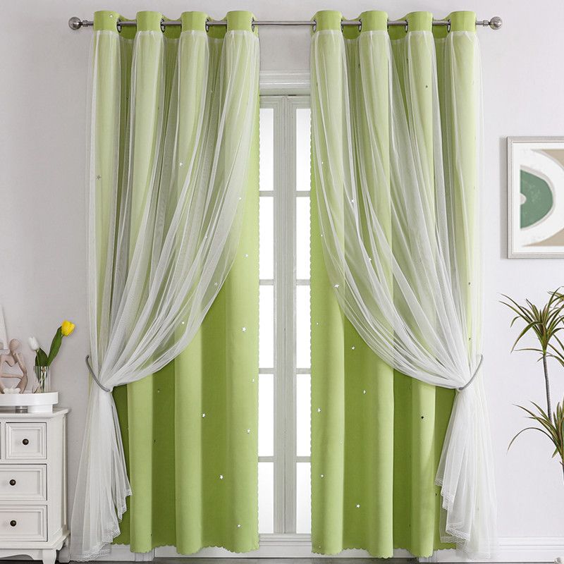 Curtain Width 100 * Height 130 cm ,100*200cm ,132*114, 132*137, 132*160 , 132*183,  132*213,  132*244,132*274 CRRSHOP Lace double-layer hollow star finished blackout curtain