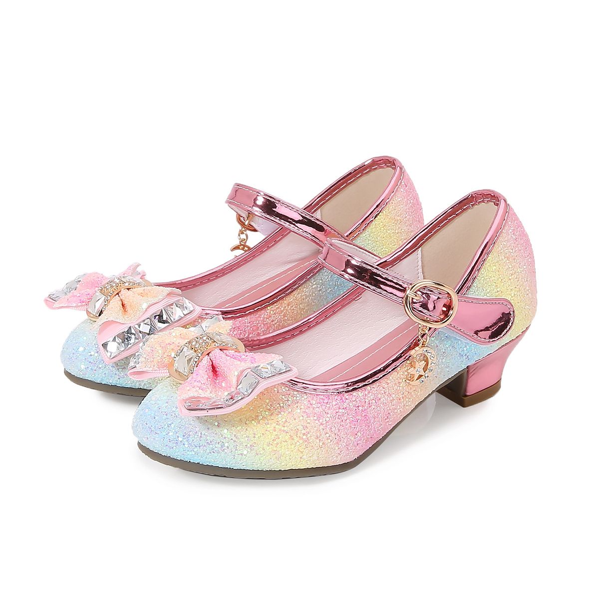 Dress Shoes Autumn New Girls' Small High-Heeled Leather Shoes Sparkling Shoe upper with Bow Decoration for Children's Dance Shoes