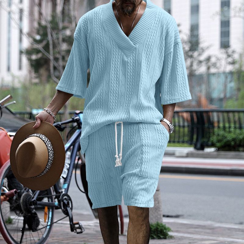 New European American Casual Loose Seven Quarter Sleeve Jacquard Knitted Sweater Top Shorts Men's Clothing Sets Two-Piece Outfits