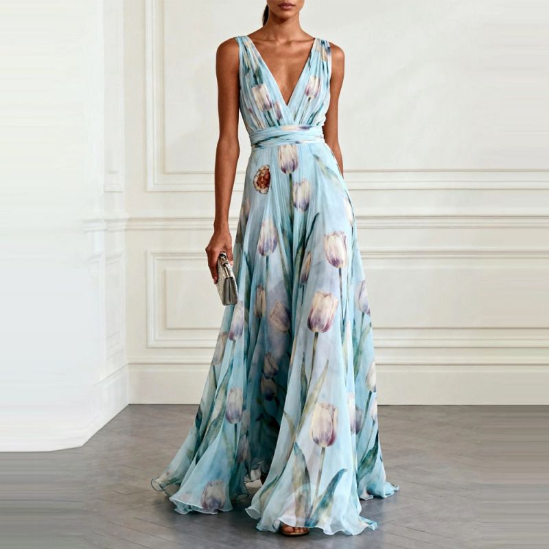 2026 New Blue Tone Printed Formal Dress Sleeveless V Neck Flowy Long Gown Elegant Party Banquet Women Dress