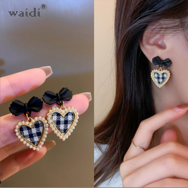 Waidi version bow love earrings temperament gentle fabric plaid earrings simple high-end peach heart earrings wholesale