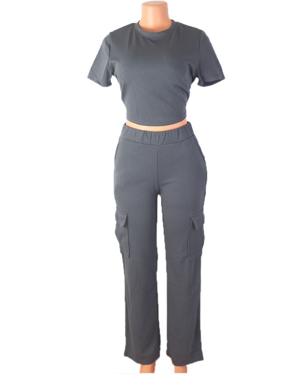 Casual Women Top and down Outfit Sport Fitness 2pcs Trousers top Suits short sleeve tops and pocket pants suits