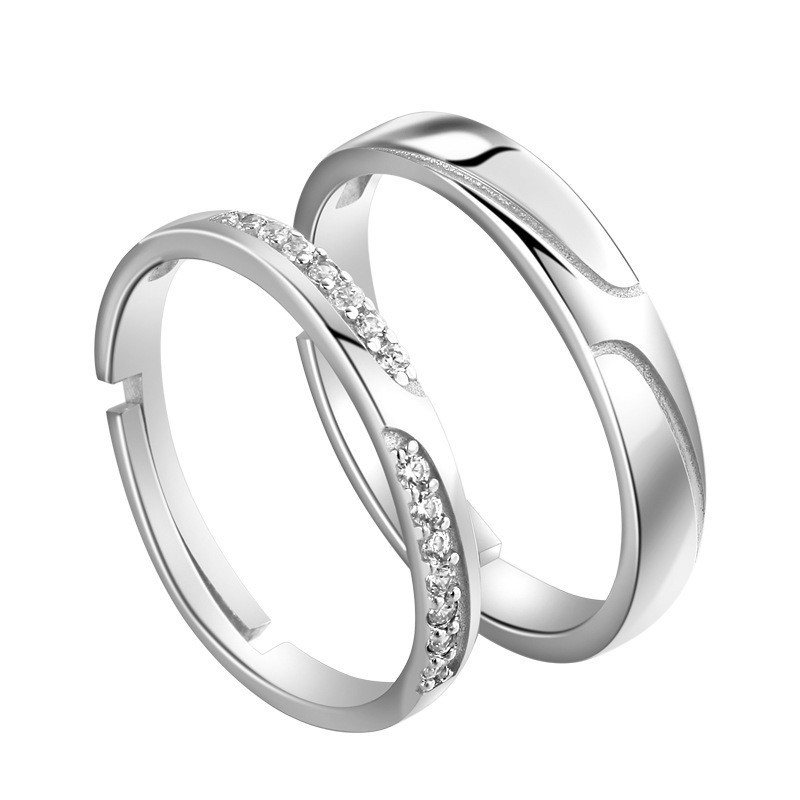 TL-093 925 Sterling Silver Couple Rings, Opening Adjustable Eternity Promise Engagement Wedding Statement Rings Simple Jewelry Gifts for Women Girls Men BFF