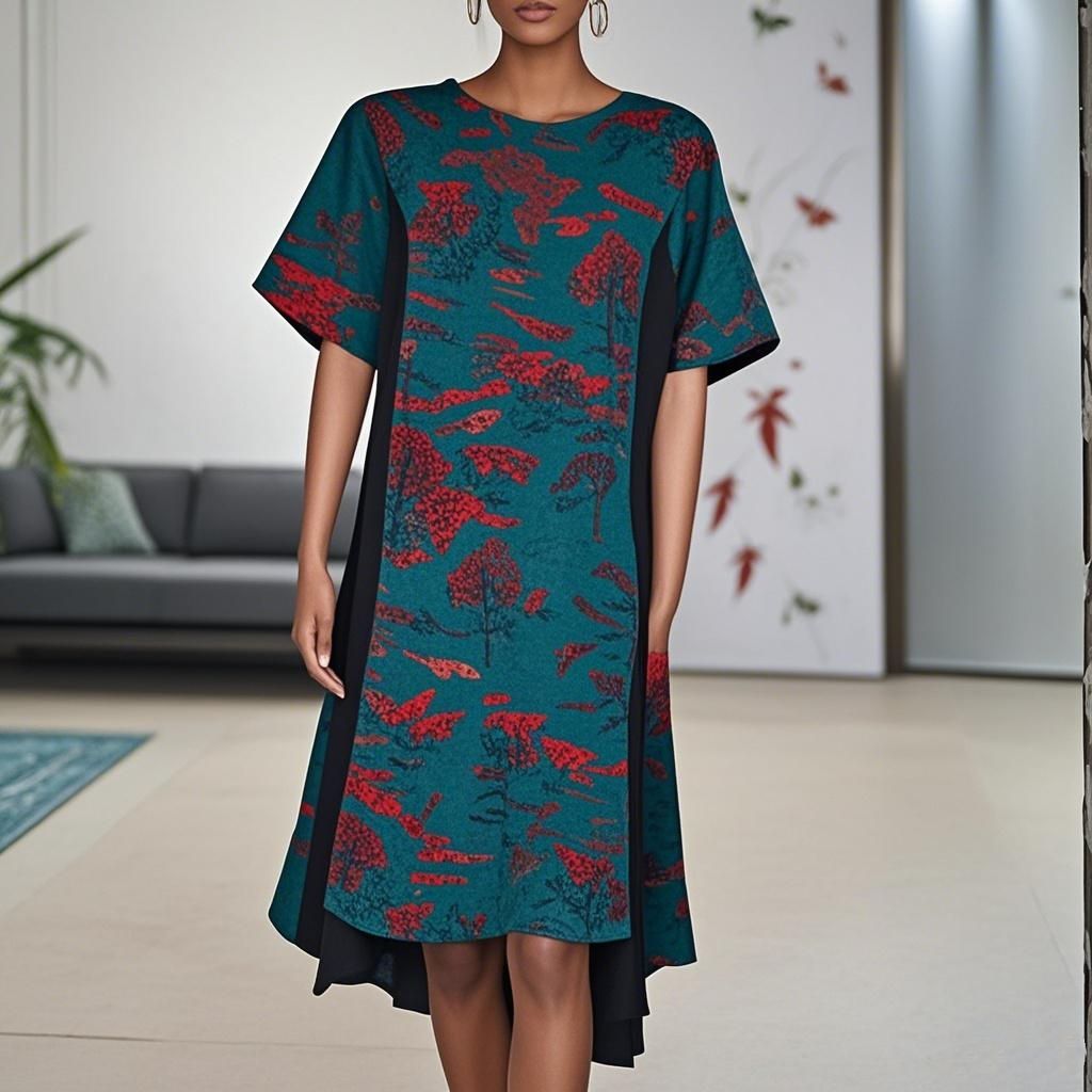 92% Silk Landscape Print Blue Plus-Size Women's Dress
