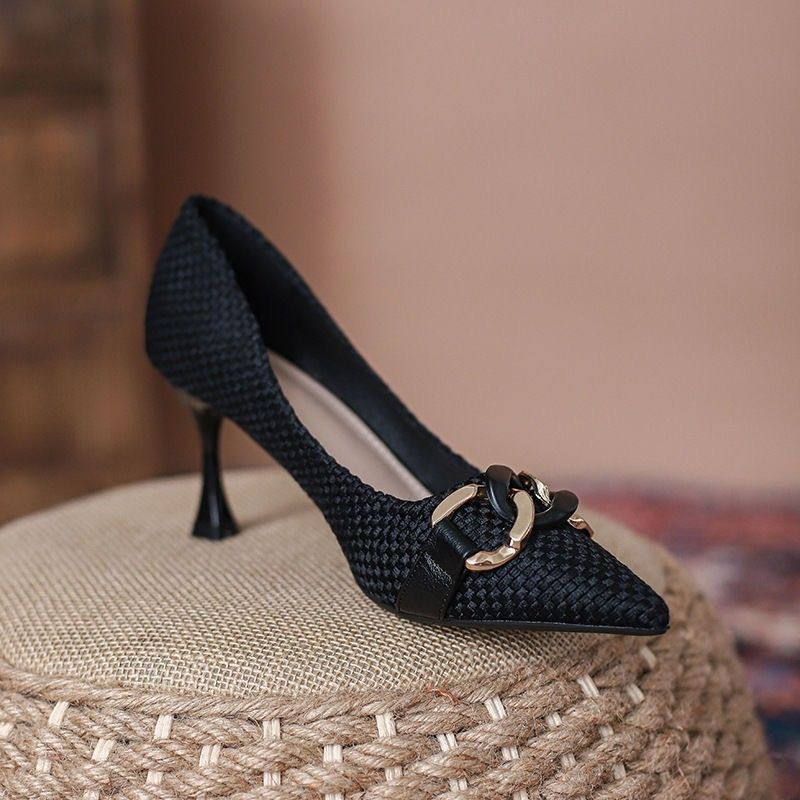 New Women's Single Shoes,High Heels,with Metal Chain, Niche and Versatile, Shallow Mouth, Stiletto Heel, Pointed Toe. Pointed Toe and Versatile Single Shoes for All Seasons with Stiletto Heel and Breathable Soft Leather for Professionals.Size 37-41.