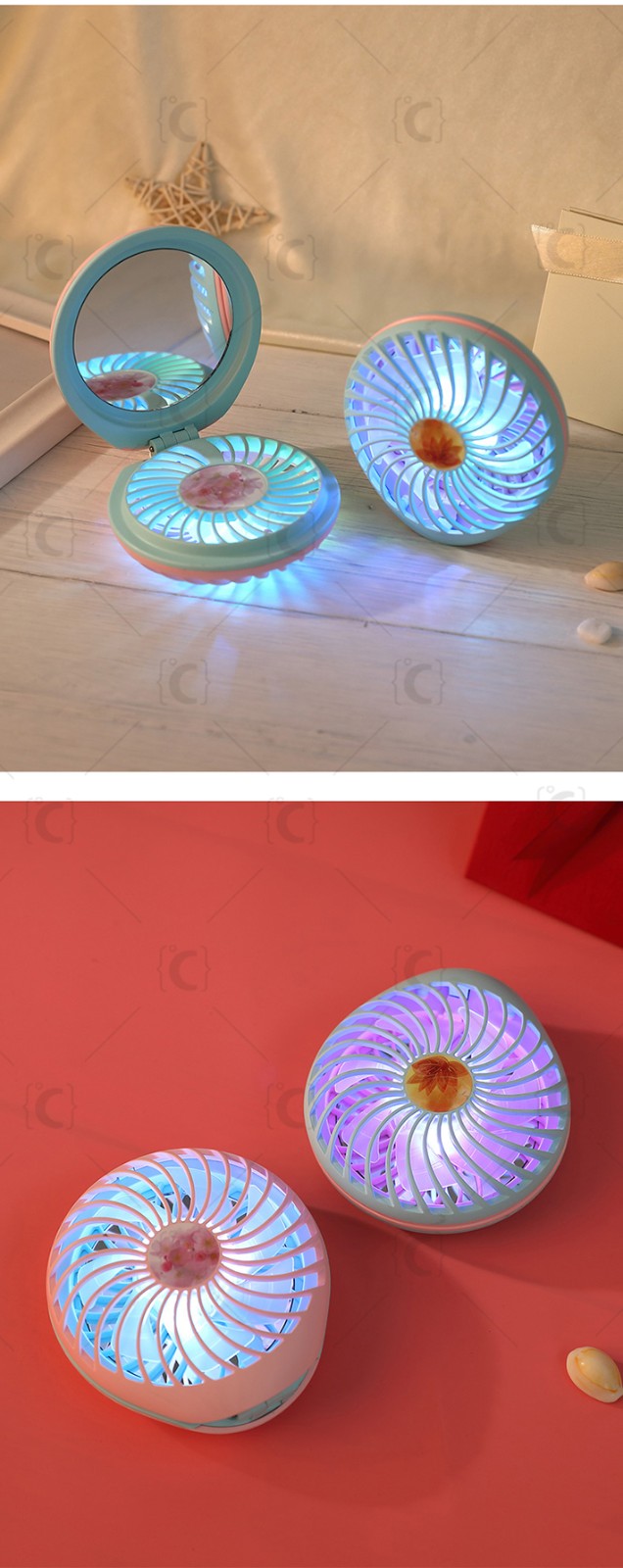  
Tospino,LED, color, makeup, mirror, portable, hand-held, mini, mirror fan, 3 gear speed rechargeable with color LED light