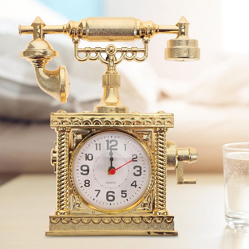 Vintage Telephone Desk Clock,European Style Abs Rotary Phone Toy With Mirror Wall Clock, Mini Multifunctional Electronic Alarm Clock, Small Decorative Gold Bedroom Clock