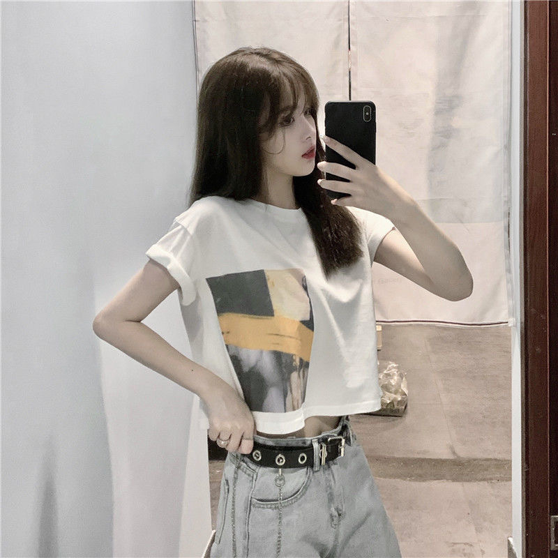 986 Women's Fashion Loose Casual Print Crop Top Short Sleeve T-shirt