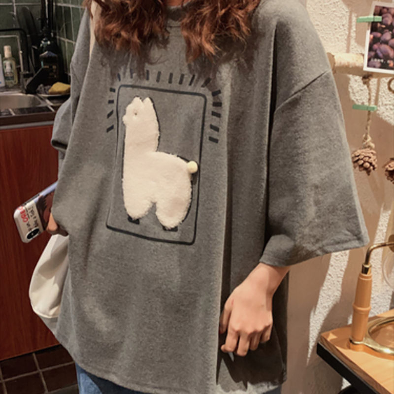 Women's Cartoon Alpaca Fur Animal Print Short Sleeves Casual Loose Oversized Top T-shirt