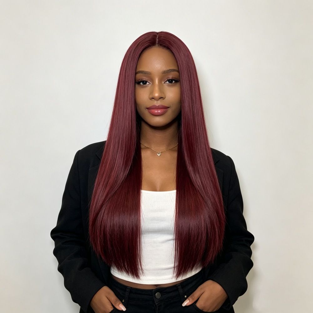 Women Synthetic Long Straight Wig, Burgundy Middle Part Silky Straight Full Head Hair Wig, Fashion Hairpiece for Daily Party Dating Cosplay

