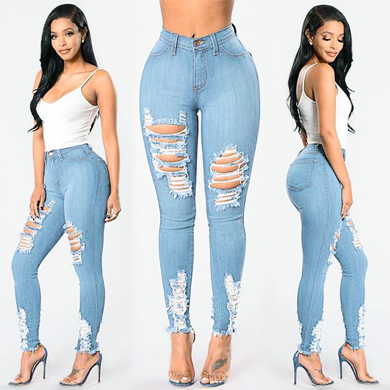 Women's Korean Slim Fit Jeans Fashion Solid Color Ripped Hole Tassel Stretch Mid-waist Denim Pencil Long Pants Trousers