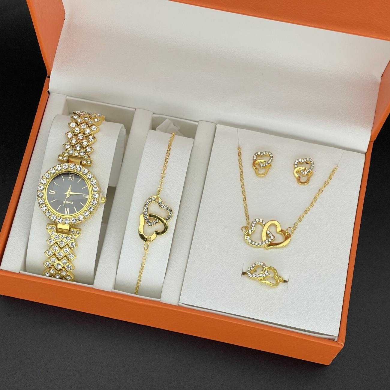 Luxury 5-in-1 Women Watch Jewelry Gift Box Set, Vintage Roman Numeral Quartz Wristwatch, Fashion Matching Necklace, Earrings, Ring and Bracelet, Elegant Temperament Accessory Set for Daily Wear, Party and Holiday Gifts