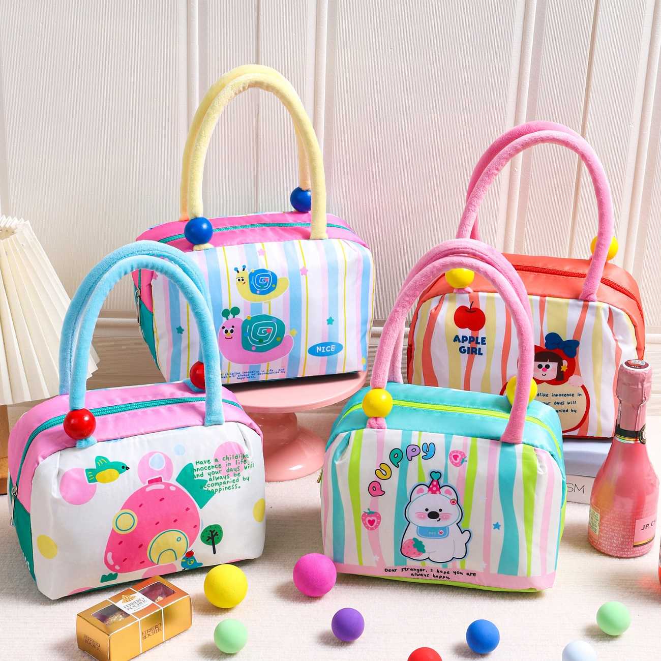 Adorable Cartoon Pattern Insulated Lunch Tote Portable Handheld Bento Bag for Office Workers Reusable Cooler Ice Pack Companion Gift Set
