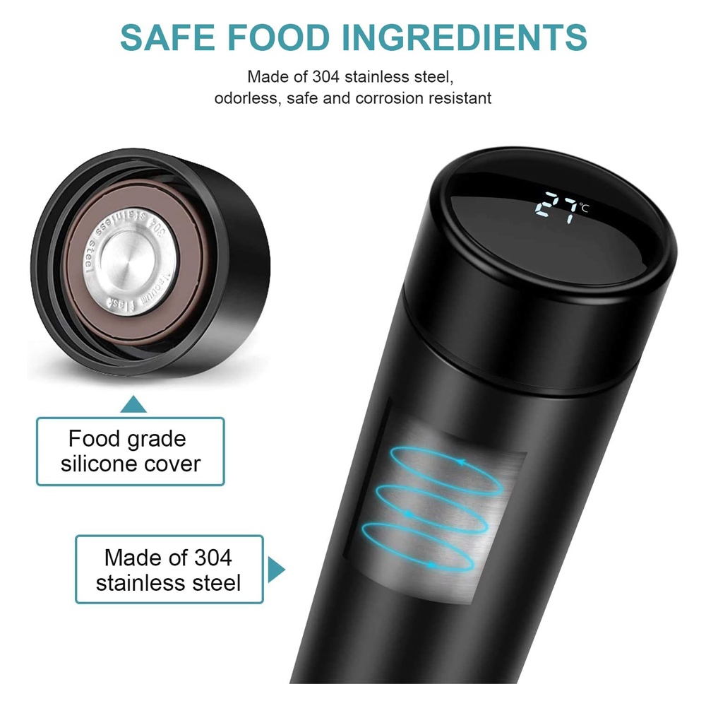 Smart Insulated Water Bottle Vacuum Wide Mouth Coffee Mug Travel Thermoses  with LCD Touch Screen 304 Stainless Steel Coffee Cup