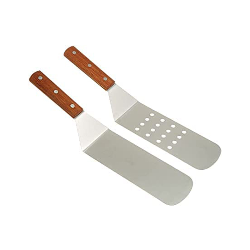 Grill, Dump Truck, Stainless Steel, Riveted Smooth Wooden Handle, Commercial Grade, a Perforated Solid Spatula, 2-piece Set