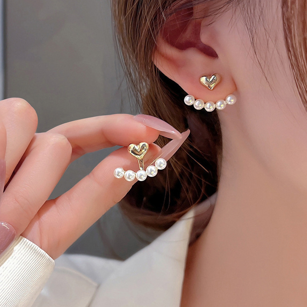New Elegant Metal Heart-Shaped Back Hanging Pearl Earrings Fashion Jewelry Crystal Pearl Earrings For Women
