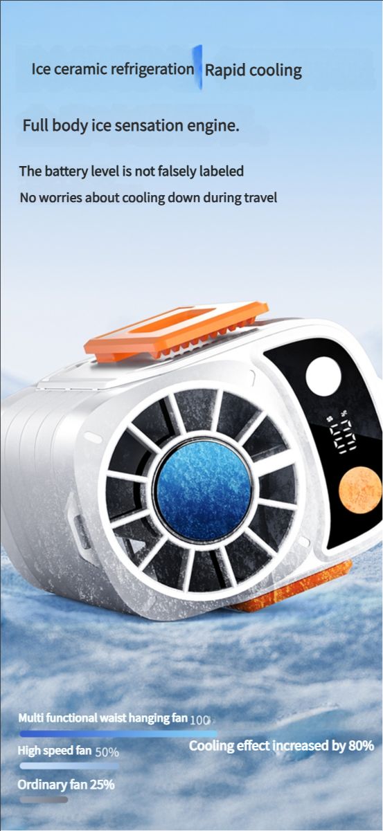 Portable belt air conditioning fan, rechargeable 3-in-1 semiconductor cooling hanging belt fan, equipped with 6000mAh battery and flashlight, three wind speeds, digital display, suitable for construction sites, outdoor, farms, fishing, camping