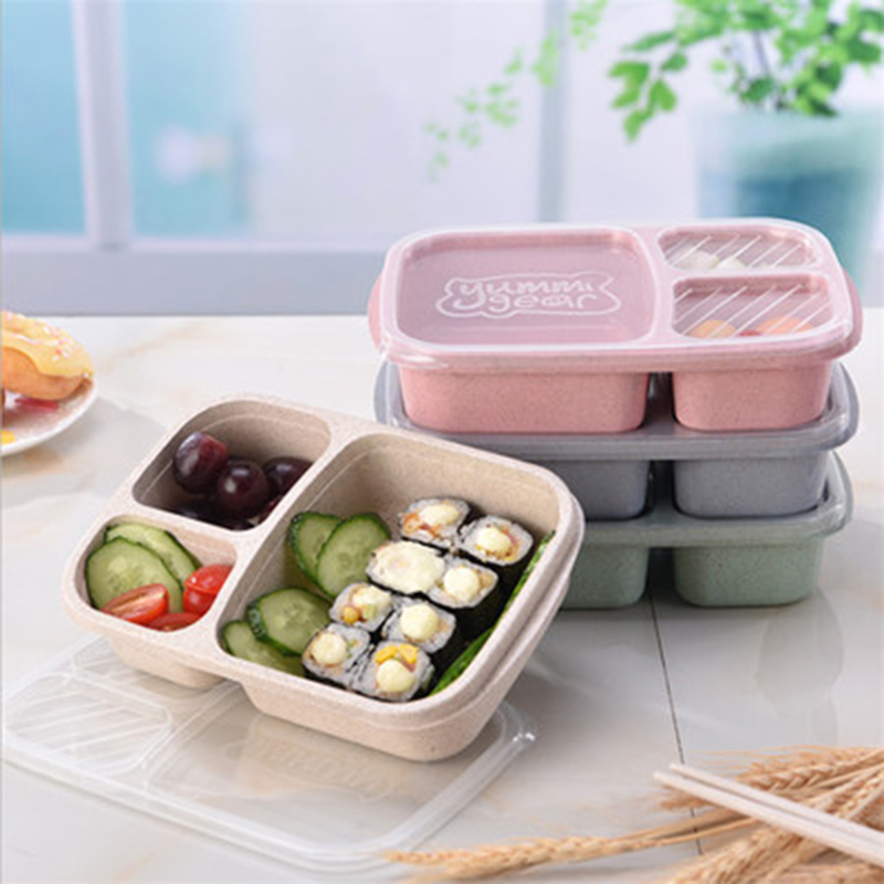 1011 900ml Wheat Straw 3-tiles Portable Tableware Food Lunch Box Food Storage Box Microwave Oven Travel School Picnic Lunch Box
