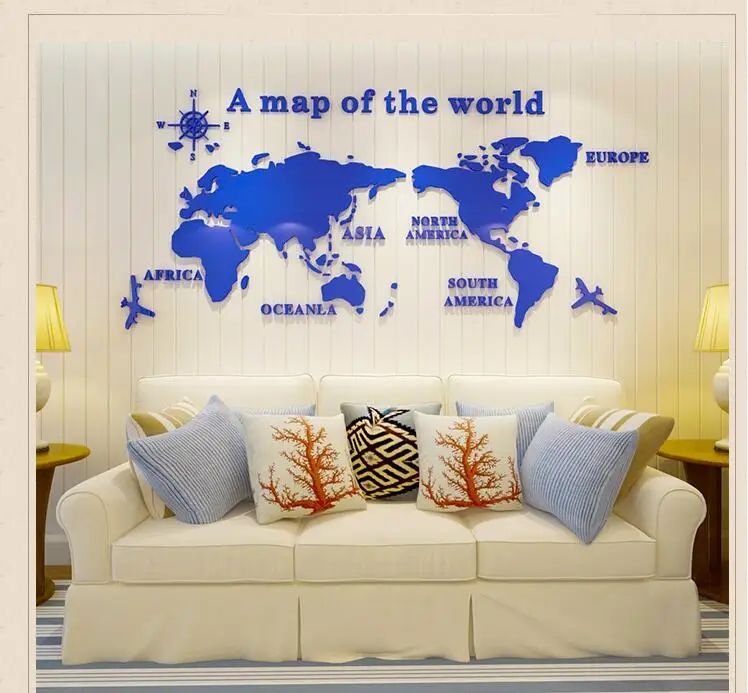 Mirror World Map Acrylic 3D Wall Stickers, Living Room, Bedroom, Office, Home Decor