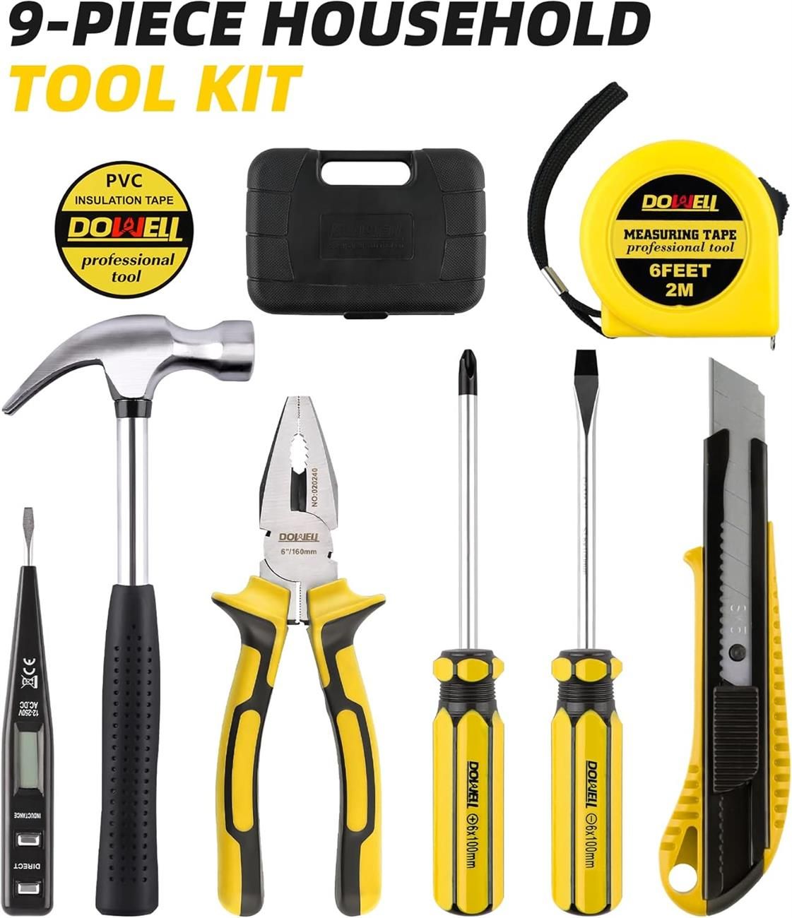 Homeowner Tool Set 9 Pieces General Household Small Hand Tool Kit with Plastic Tool Box Storage Case